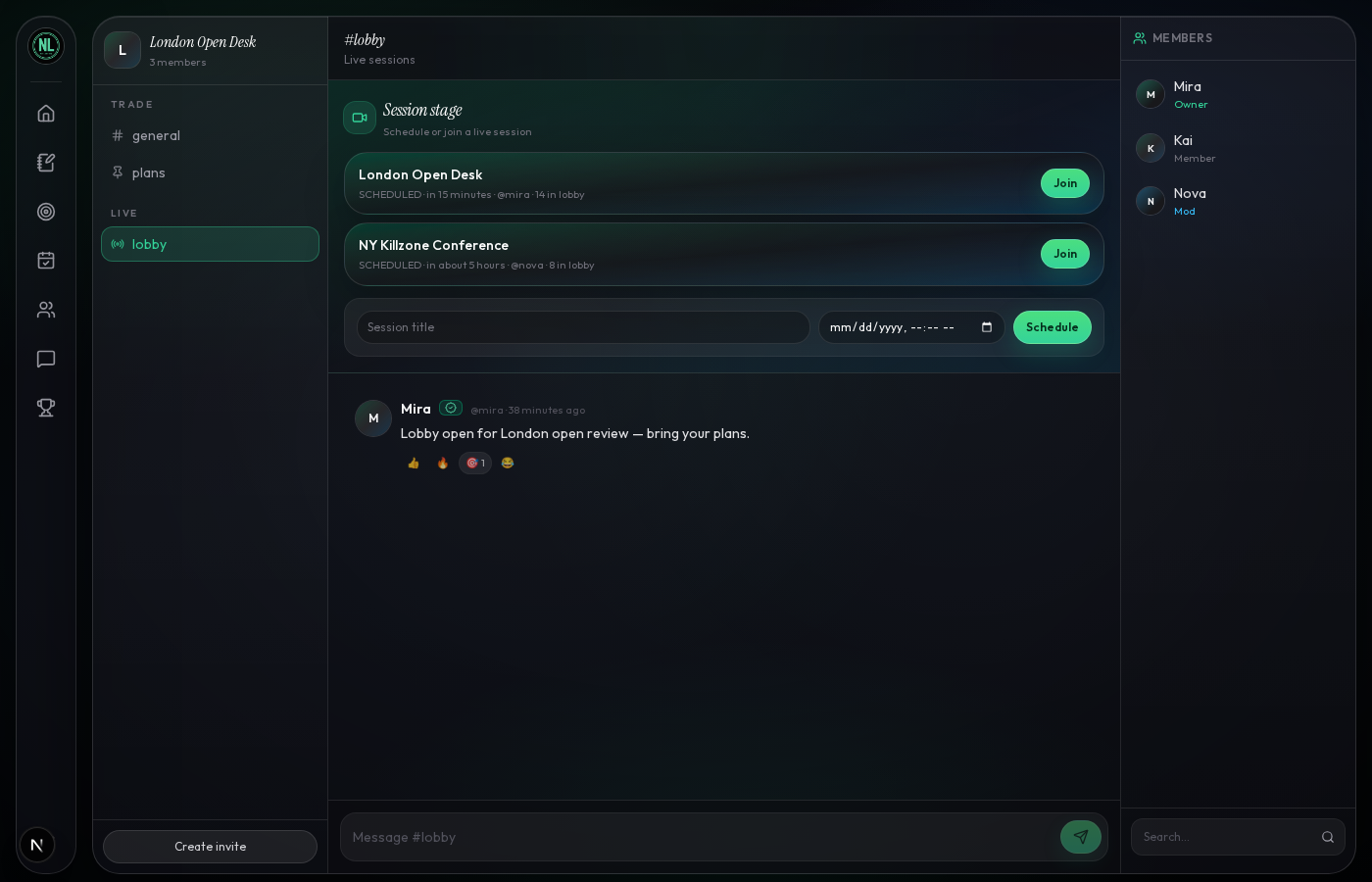 NL group room session lobby with scheduled London Open and NY Killzone conference calls